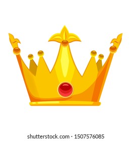 Golden crown royal jewelry symbol of king queen and princess with precious stones diamonds. Vector isolated cartoon style