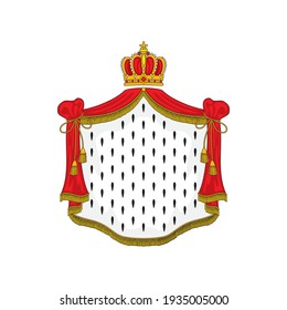 Golden crown and royal mantle of king or queen isolated icon. Vector royal mantle of ermine and gold crown, emperor coat of arms element, symbol of glory. Monarchy power mascot, heraldry sign