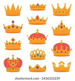 Golden Crown as Royal and Monarch Symbol Vector Set