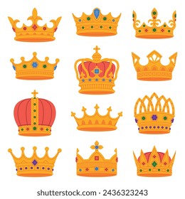 Golden Crown as Royal and Monarch Symbol Vector Set