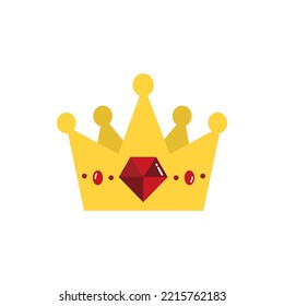 Golden crown with ruby diamond stones and jewellery icon. Emperor, authority, royalty concept. Flat vector isolated illustration.