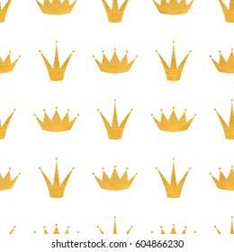 Golden crown seamless pattern. Holiday background. Cartoon cute ornament. Vector illustration.