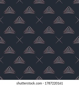 Golden crown seamless vector pattern. Geometric gold outline symbol of royalty. Vintage King and Queen logo Background.