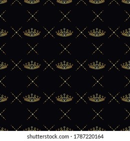 Golden crown seamless vector pattern. Geometric gold outline symbol of royalty. Vintage King and Queen logo Background.