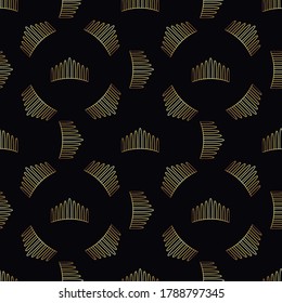 Golden crown seamless vector pattern. Geometric gold outline symbol of royalty. Vintage King and Queen logo Background.