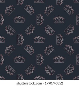 Golden crown seamless vector pattern. Geometric gold outline symbol of royalty. Vintage King and Queen logo Background.