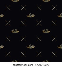 Golden crown seamless vector pattern. Geometric gold outline symbol of royalty. Vintage King and Queen logo Background.