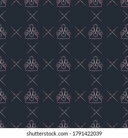 Golden crown seamless vector pattern. Geometric gold outline symbol of royalty. Vintage King and Queen logo Background.