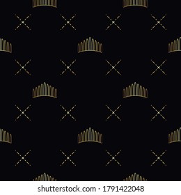 Golden crown seamless vector pattern. Geometric gold outline symbol of royalty. Vintage King and Queen logo Background.