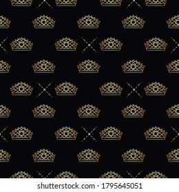 Golden crown seamless vector pattern. Geometric gold outline symbol of royalty. Vintage King and Queen logo Background.