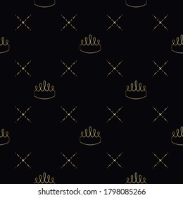 Golden crown seamless vector pattern. Geometric gold outline symbol of royalty. Vintage King and Queen logo Background.