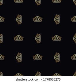 Golden crown seamless vector pattern. Geometric gold outline symbol of royalty. Vintage King and Queen logo Background.