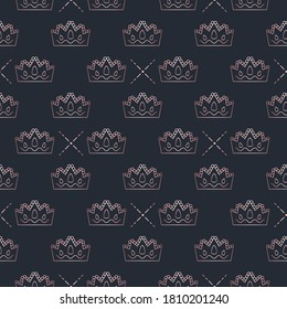 Golden crown seamless vector pattern. Geometric gold outline symbol of royalty. Vintage King and Queen logo Background.