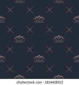 Golden crown seamless vector pattern. Geometric gold outline symbol of royalty. Vintage King and Queen logo Background.