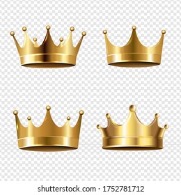 Golden Crown Set Isolated Transparent Background With Gradient Mesh, Vector Illustration