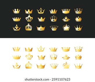 Golden crown set with a shiny finish, featuring a royal design with multiple points. The crown is centered on a white background, ideal for use in design projects related to royalty,