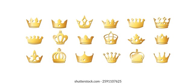 Golden crown set with a shiny finish, featuring a royal design with multiple points. The crown is centered on a white background, ideal for use in design projects related to royalty,