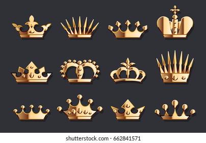 Golden Crown Set. Vector gold jewelry icons collection of king, queen and emperor crowns on dark background. Royal and luxury symbol