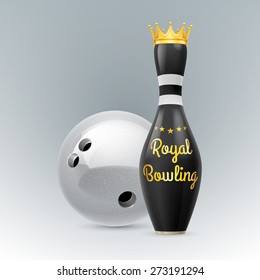 Golden Crown at skittles isolated on a white background. Bowling ball