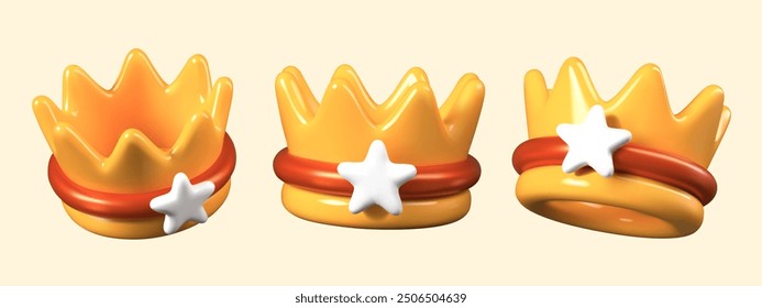 Golden crown with star. Headdress of king, queen. Royal regalia in game 3D style