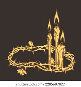 Golden crown of thorns and candles on dark background