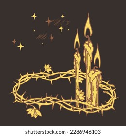 Golden crown of thorns, candles and stars on dark background