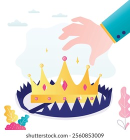 Golden crown in trap. Bait for greed people. The lure of popularity, fame and wealth. Lie to deceive gullible people. Dangerous, risk to lost money. Risk management. flat vector illustration