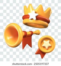 Golden crown, trumpet with flag, medal with star. Set of trophies in 3D game style