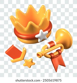 Golden crown, trumpet with flag, order with star. Set of isolated 3D trophies