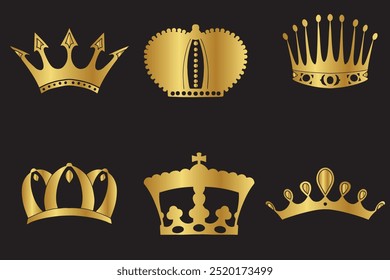 Conjunto de ilustrações de vetor de coroa dourada. Cartoon bemol ouro real coleção medieval de luxo monarca coroando o cocar de joias para rei, imperador ou rainha, monarquia símbolos imperiais isolados no preto.