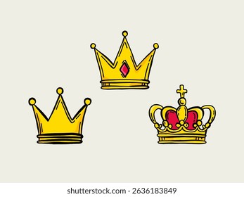 Golden crown. Vector illustration. Set of different crowns. Isolated object