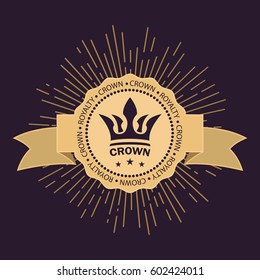 Golden crown vector. Line art logo design. Vintage royal symbol of power and wealth. Curved ribbon for text. Rays of glory and stars. Creative business sign. Elegant emblem.