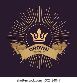 Golden crown vector. Line art logo design. Vintage royal symbol of power and wealth. Curved ribbon for text. Rays of glory and stars. Creative business sign. Elegant emblem.