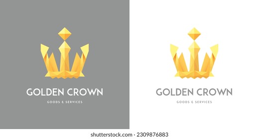 Golden crown vector logo. Premium minimal polygonal design with yellow gradients and grey background.