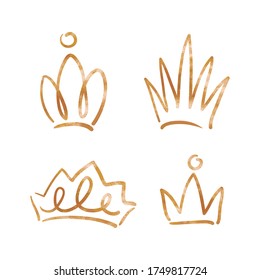 Golden crown vector set on white background. Doodle crown for king and queen, prince and princess. Main person concept. Bride and groom sticker. Social media icon for self-appraisal. Handdrawn crown
