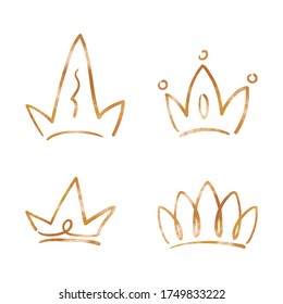 Golden crown vector set on white background. Doodle crown for king and queen, prince and princess. Main person concept. Bride and groom sticker. Social media icon for loving baby kid. Handdrawn crown