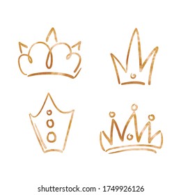 Golden crown vector set on white background. Doodle crown for king and queen, prince and princess. Main person concept. Bride and groom sticker. Social media icon for children product. Handdrawn crown