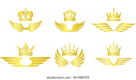 Golden crown with wings vector emblem set