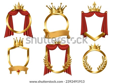Golden crowned frame. Premium emblem mockup with gold laurel wreath, royal shield and king crown for avatar and certificate design. 3D vector illustration set of premium golden crown luxury