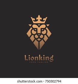 Golden crowned lion head logo template design. Vector illustration.
