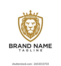 um logotipo de leão coroado dourado transmitindo prestígio, realeza e alta autoridade através de um design simétrico e luxuoso