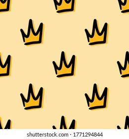 Golden crowns doodle, cartoon style vector seamless pattern background.
