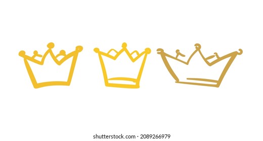 Golden crowns doodle set isolated simple quirky drawing monarchy symbol cartoon