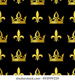 Golden crowns and fleur de lis vector seamless pattern. Queen vintage background illustration