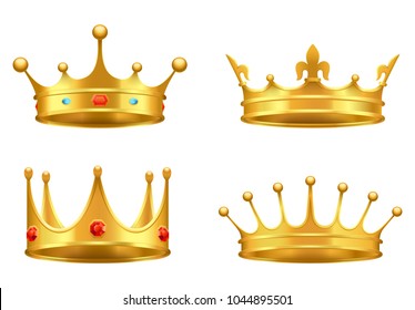 Golden crowns with gems 3d icons set. Shiny kings crowns with precious stones realistic vector isolated on white. Monarch power symbol illustration