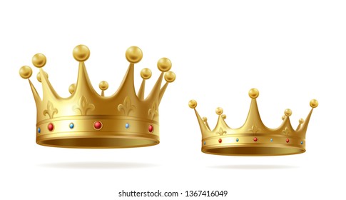 Golden crowns with gems for king or queen set isolated on white background. Crowning headdress for Monarch. Royal gold monarchy medieval coronation symbol, imperial sign. Realistic vector illustration