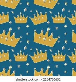 Golden crowns and gems on a blue background, seamless pattern. Luxury vector layout design for business presentations, banners, textiles, wrapping paper, prints, decorations, packaging.