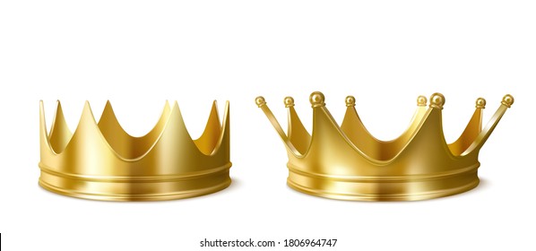 Golden crowns for king or queen, crowning headdress for Monarch. Royal gold monarchy medieval emperor coronation symbol, imperial sign isolated on white background. Realistic 3d vector illustration
