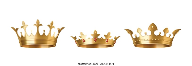 Golden crowns for king or queen, crowning headdress for monarch. Royal gold monarchy medieval emperor coronation symbol, imperial sign isolated on white background. Realistic 3d vector illustration