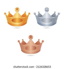 Golden crowns for king or queen, crowning headdress for Monarch. Royal gold monarchy medieval emperor coronation symbol, silver, brown crown design, Golden crown, silver crown, brown crown.